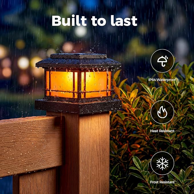 JOFIOS Flickering Flame Solar Post Cap Lights Outdoor, Black Post Lights with 3 Color Temperature, Fits 3.5" 4" 4.5" 5" Wood/Vinyl Posts, IP64 Waterproof Fence Deck Lights for Garden Patio Yard 8 Pack