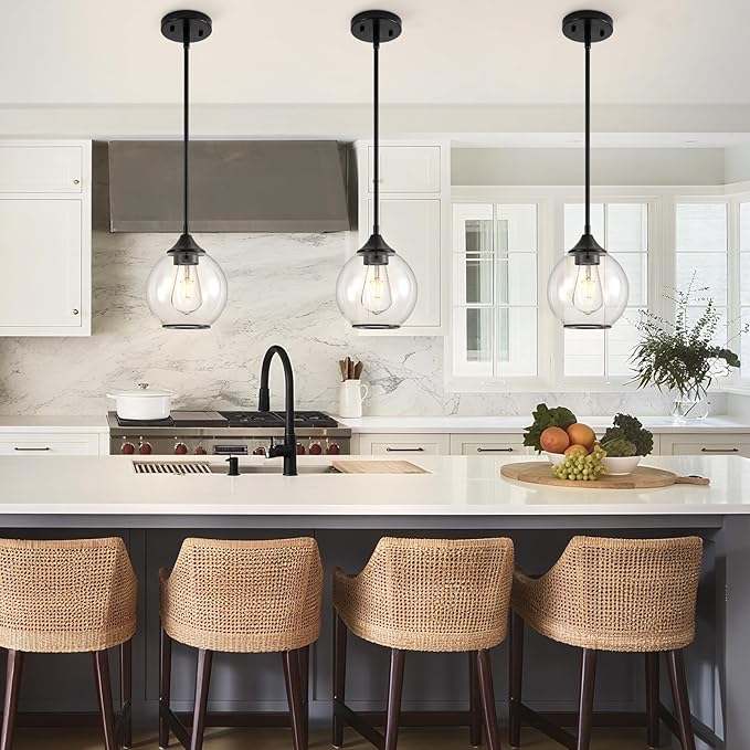 Pendant Lights Kitchen Island,Farmhouse Black Pendant Light with Clear Glass Globe Shade,6.29" Glass Pendant Light for Finish Farmhouse Entryway Dining Room Kitchen Island 1 Light