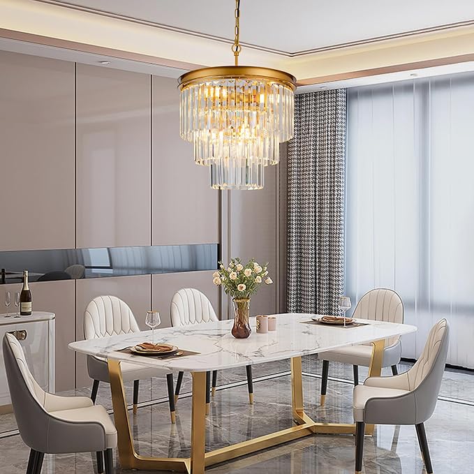 15.8" Gold Crystal Chandelier 6-Lights Crystal Round Pendant Lights 3-Tier Luxury Hanging Ceiling Light Fixture for Hallway Dining Room Living Room Bedroom Kitchen Island Stairway Entryway