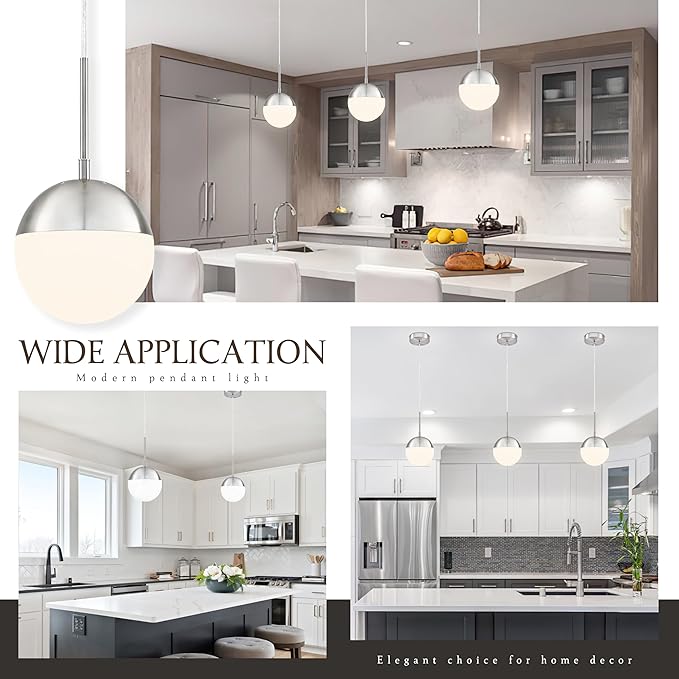 6 Inch Nickel 2 Pack Mid Century Modern Pendant Light Pendants for Kitchen Island Frosted Milky White Glass Globe Height-Adjustable Modern Hanging Globe Pendant Light for Bedroom (Bulb Incl)