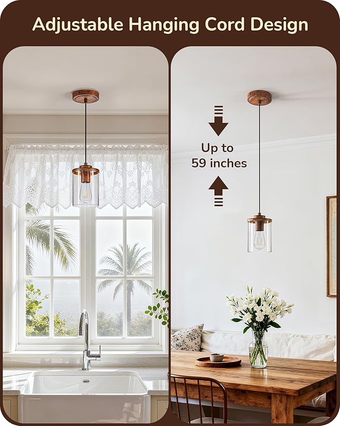 EDISHINE 2 Pack Farmhouse Pendant Lights Kitchen Island, Adjustable Pendant Light Fixtures with Brown Wood Grain Finish and Clear Glass Shade, Island Lights for Kitchen, Hallway(Bulb Not Included)