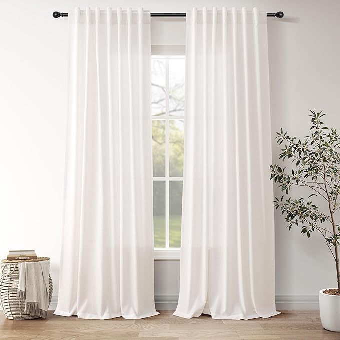 Ivory White Linen Curtains for Living Room 98 Inches Long Light Filtering Semi Sheer Curtain Back Tab Rustic Luxury Neutral Modern Farmhouse Decor Drapes for Bedroom Dinner Room 52x98, 2 Panels