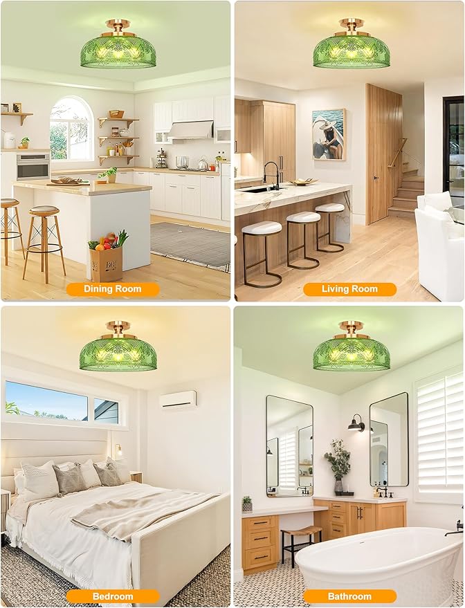 Green Semi Flush Mount Ceiling Light, 12 Inch Large Ceiling Light Fixture Gold, 3-Light Globe Glass Farmhouse Kitchen Lighting Fixtures for Bathroom, Hallway, Dining Room (Bulb Not Included)
