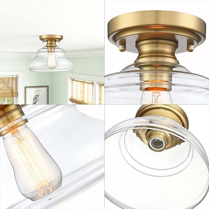 MEXO Industrial Semi Flush Mount Ceiling Light Modern Clear Glass Light Fixture Farmhouse 10" Close to Ceiling Lights in Brushed Gold for Hallway Bedroom, Kitchen Entryway Cafe Bar Porch Dinning Room