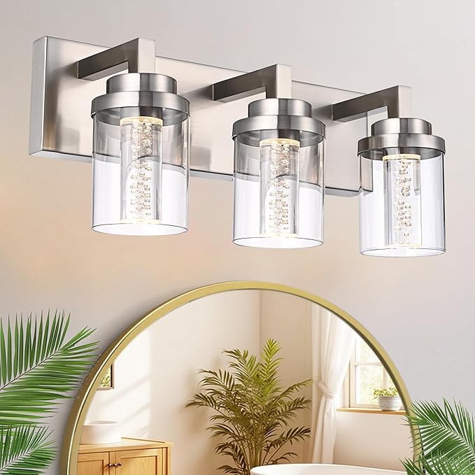 MELUCEE Modern LED Bathroom Vanity Light Bar Brushed Nickel Bubble Crystal Vanity Lights Over Mirror 3 Light Bath Wall Light Fixture with Clear Glass Shade, Built-in LED Chips, 5CCT Adjustable