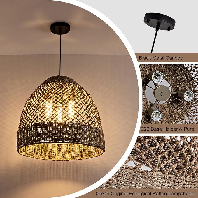 18.9" Farmhouse Rattan Pendant Light Fixture 3-Lights Costoal Chandelier Boho Hand Woven Wicker Hanging Light Fixture for Kitchen Island Living Room Bedroom Dining Room Foyer Restaurant Coffee