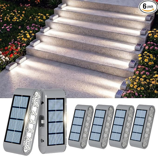 Solar Step Lights for Outside, 6-Pack Stair Light Outdoor Waterproof IP67, 14 LED Cool White Light Solar Powered Lighting for Steps, Stairs, Deck, Patio, Walkway, Front Porch Decor