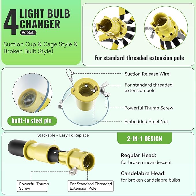 Dreyoo 4 Pieces Set Light Bulb Changer, Suction Cup and Cage Changer for Incandescent, Floodlight, Broken Bulb and Recessed Lights, Compatible with Standard Extension Pole, Pole Not Included (Yellow)
