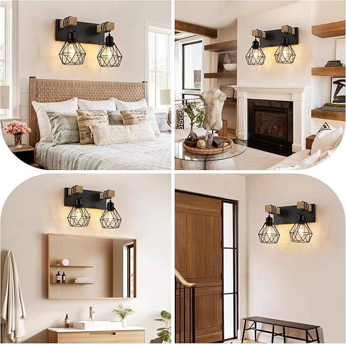 Farmhouse Vanity Light for Bathroom, 2-Light Wood Bathroom Vanity Light Fixtures Over Mirror, Rustic Sconces Wall Lighting with Metal Lampshade for Living Room, Bedroom, Hallway