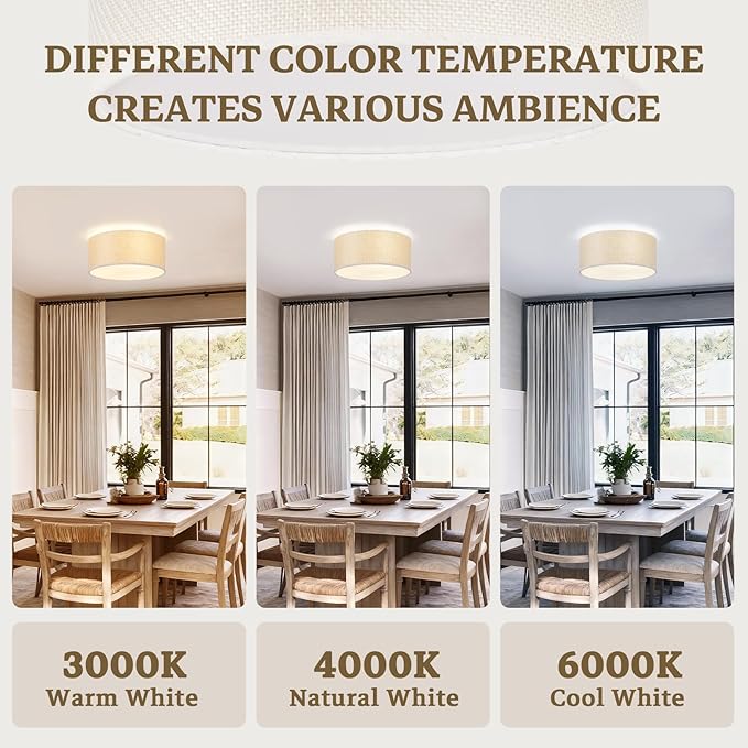 13Inch Farmhouse Semi Flush Mount Ceiling Light,Drum Shade 3-Light Rustic Ciling Fixture for Bedroom,Living Room,Hallway,Entryway,Kitchen,Creating Soft Ambient Home Lighting