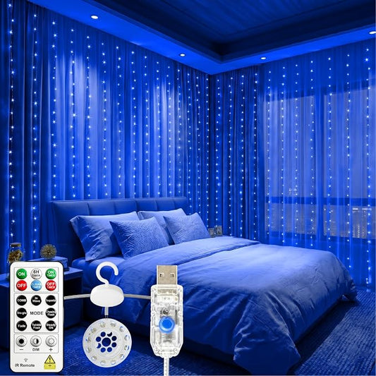 HXWEIYE 300LED Untangled Curtain Lights, 9.8x9.8Ft USB Fairy Twinkle String Lights with Remote and DIY Timer, 8 Modes Window Wall Hanging Light for Bedroom Dorm Backdrop Room Decor, Blue
