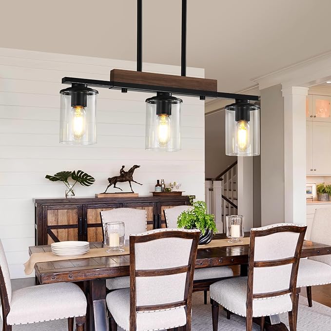 23.6'' Kitchen Island Light Fixtures, 3-Light Dining Room Light Fixture Chandelier Over Table, Black Modern Rustic Wood Ceiling Pendant Light Fixtures, with Clear Glass Shade, Farmhouse Chandelier