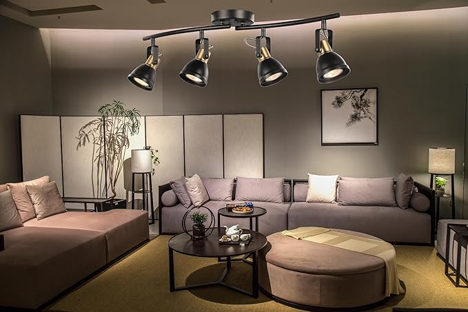 4 Light Track Lighting Kit, Matt Black Brass Finish 4 Way Adjustable with Moden Flush Mount Ceiling Spotlight for Kitchen,Dining,Living Room,Home Improvement