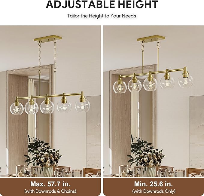 VONLUCE Dining Room Light Fixture Over Table, 5-Light Kitchen Island Lighting with Round Glass Shades & Adjustable Hanging Heights, Linear Chandlier for Dining Room Kitchen, Gold, ETL Certificated