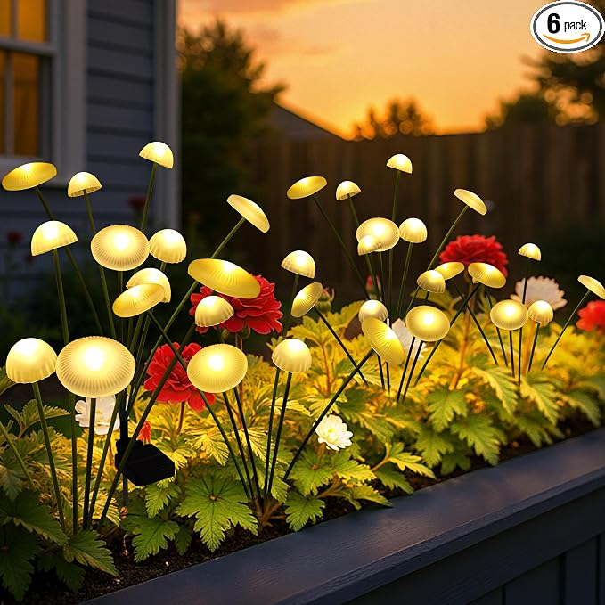 Solar Garden Lights, 6pack Solar Fairy Lights for Outside, Swaying Mushroom Lights Outdoor Decorative, Waterproof Light Decor for Yard,Lawn,Patio,Pathway Decoration(Warm White)