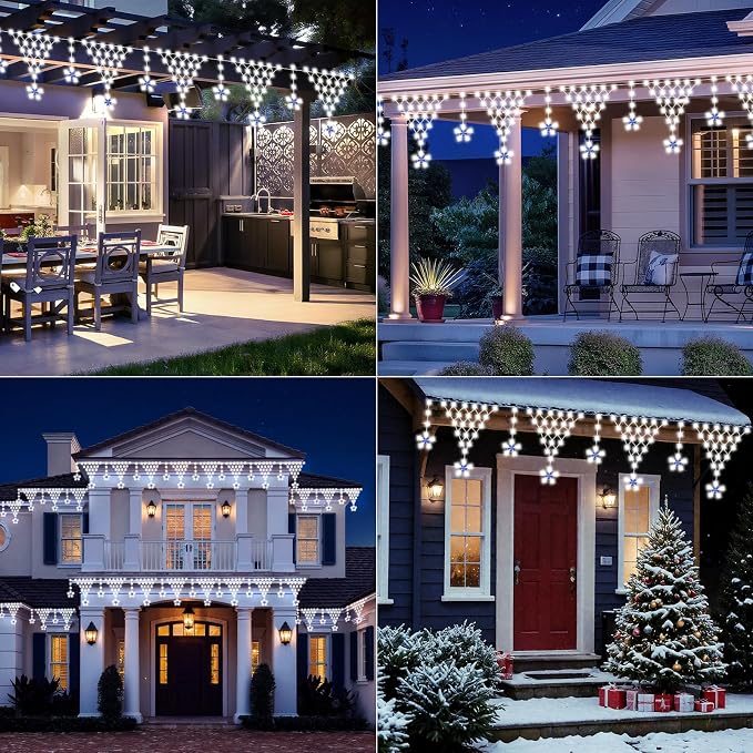 (New) Christmas Curtain Lights, 13.8ft 218 LED Outdoor Christmas Lights, Icicle Lights with 12 Drop Stars for Curtain, Indoor, Garden, Patio, Wedding, Xmas, Home Decoration - White