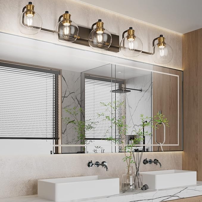 Tipace Vintage Vanity Light Fixture,5-Light Industrial Black & Gold Bathroom Lighting with Globe Clear Glass Shades Farmhouse Bath Lighting (Exclude Bulb)