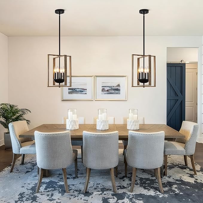 12.2" Farmhouse Chandelier, 4-Light Wood Textured Pendant Lights Kitchen Island, Rustic Hanging Light Fixture for Dining Room Kitchen Sink Foyer Hallway Bar