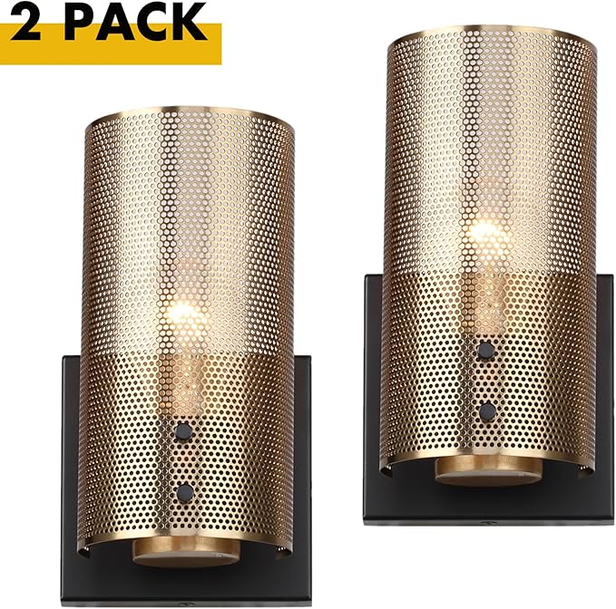 Hamilyeah Industrial Wall Sconces Set of Two, Vintage Brass Gold Sconces Wall Lighting Fixture with Grid Mesh Shade, Indoor Hardwired Wall Sconces for Bedroom Home Theater Bathroom