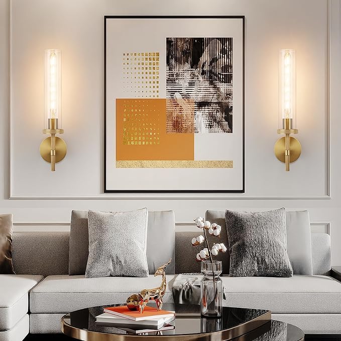 19.5" Knurled Brass Wall Sconces Set of 2, Gold Bathroom Vanity Light Fixtures with Clear Glass Tube, Modern Lamp Lighting for Bedroom, Living Room, Hallway, Staircase, Mirror, Kitchen