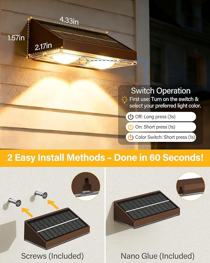 Solar Fence Lights Outdoor, Ultra-Bright 85LM Fence Lights Solar Powered, 9 RGB Color Modes, IP65 Waterproof, 12H Dusk to Dawn Glow for Pool/Deck/Patio/Wall/Backyard, 2 Pack, Matte Brown