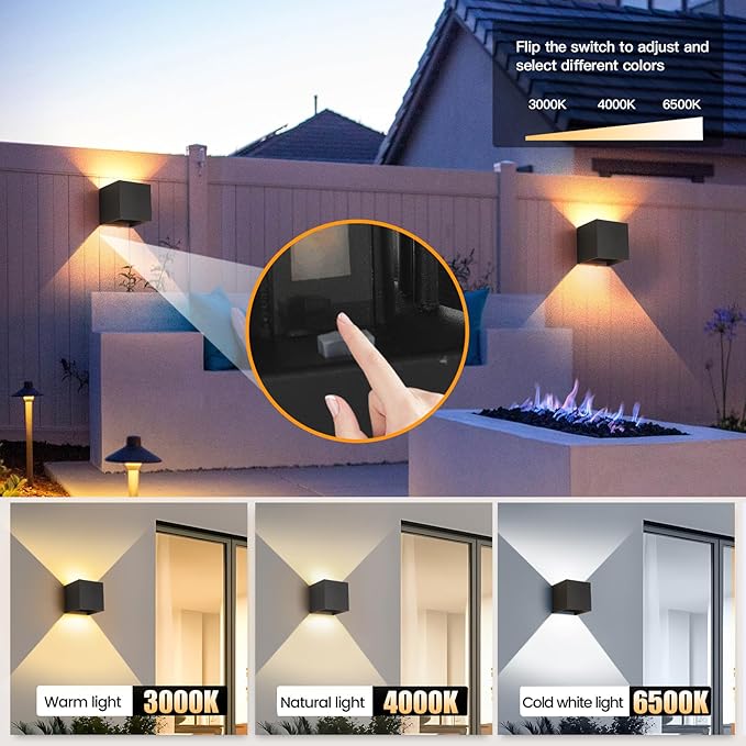2 Pack LED 20W Outdoor Wall Lights Exterior/Interior 3 Colors Adjustable Wall Sconce Up and Down Light Porch Lights IP65 Waterproof Exterior Wall Sconce Modern Outdoor Lighting Square Aluminum Black