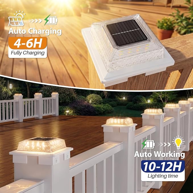 APONUO Solar Post Cap Lights, 3 Color Modes & 2 Brightness, Adjustable Base Fits 4x4 5x5 6x6 Posts (3.5-5.5 Inch), IP65 Waterproof, Deck & Fence Post Lights Solar Powered with Screws, White, 6 Pack