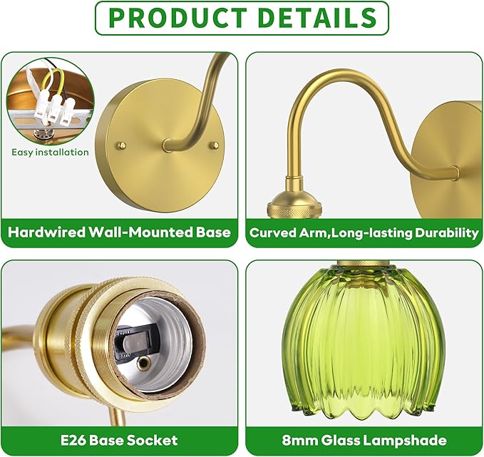 Wall Sconces Lights Lamp for Bedroom Bathroom, Modern Vanity Light Fixtures, Wall Mount Lighting Vintage Tulip Green Glass Shade for Living Room Mirror Hallway Kitchen