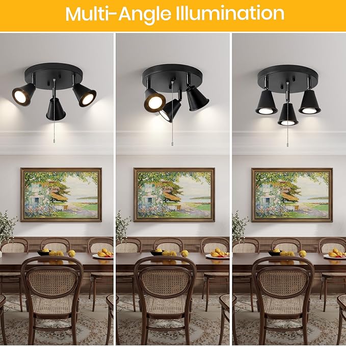 SEEBLEN 3-Light Industrial Directional Track Lighting with Pull Chain On/Off, Black Ceiling Spotlight, Morden Flush Mount Kitchen Light for Hallway,Dining Room,Porch,Office.Gu10 Bulbs Included