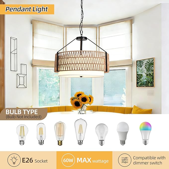 4-Light Boho Light Fixtures 19.7" Rattan Pendant Light Rustic Farmhouse Chandelier for Dining Flush Mount Ceiling Hanging Light Fixture for Hallway Entryway Kitchen Island