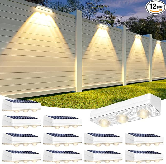 JOFIOS Solar Fence Lights Outdoor,1300mAh, 12pack,Warm/Natural/Cool White,IP65 Waterproof,Fence Lights Solar Powered,Solar Lighting for Deck, Backyard, Railing(White)