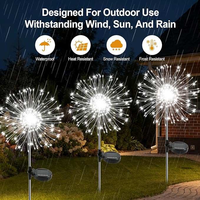 Solar Garden Lights Outdoor, 6 Pack 120 LED Twinkling Firework Lights Decorative with 2 Modes, Outdoor Waterproof Solar Starburst Light for Yard Pathway Planter Patio Decor, White
