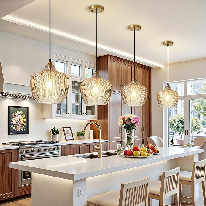 Modern Gold Pendant Light 2 Pack, Amber Glass Kitchen Island Pendant Light Fixture Adjustable Vintage Hanging Ceiling Light for Dining Room Corridor Bedroom 9.45 inch, UL Certification