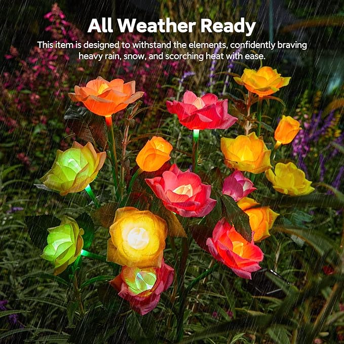 RECHOO Solar Garden Lights Outdoor, 3 Pack Solar Flower Lights with 15 Rose Flowers, Multi-Color Changing LED Waterproof Solar Lights, Garden Decor for Landscape Pathway, Gifts for Women