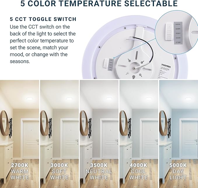 PARMIDA (4 Pack) LED Flush Mount Ceiling Light Fixture with Night Light, 12 Inch, 30W, ETL, 5 Color Selectable, 2400LM, Dimmable Ultra Thin Round Modern Low Profile, for Bedroom, Living Room - White