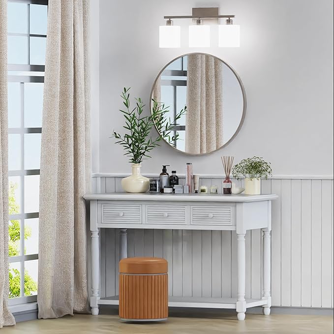 PARTPHONER Bathroom Light Fixtures, Bathroom Lighting Fixtures Over Mirror, Classic Vanity Lights, Modern Vanity Light with Textured Frosted Opal White Glass Shades, Brushed Nickel, 3-Light