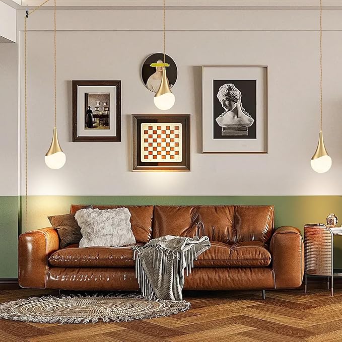 MWZ Gold Plug in Pendant Light,Hanging Lights with Plug in Cord On/Off Switch, Mini Brass Pendant Lights for Kitchen Island,1-Light Modern Raindrop Chandelier Lamps with Milky White Globe Glass Shade