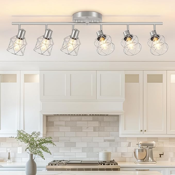 6-Light Brushed Nickel Multi-Directional Semi Flush Mount Ceiling Light, Kitchen Light Fixtures Ceiling Mount, Modern Metal Cage Close to Ceiling Lamp for Dining Room Hallway Entryway