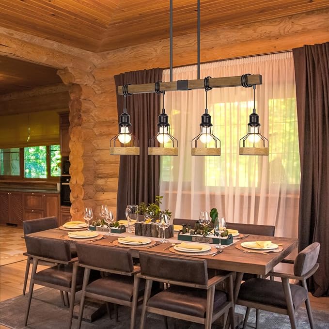 Kitchen Island Lighting Ceiling 4-Light Dining Room Light Fixture Hanging, Rustic Linear Chandelier with Solid Wood Modern Kitchen Pendant Light Over Island Farmhouse Dining Light Metal Lampshade