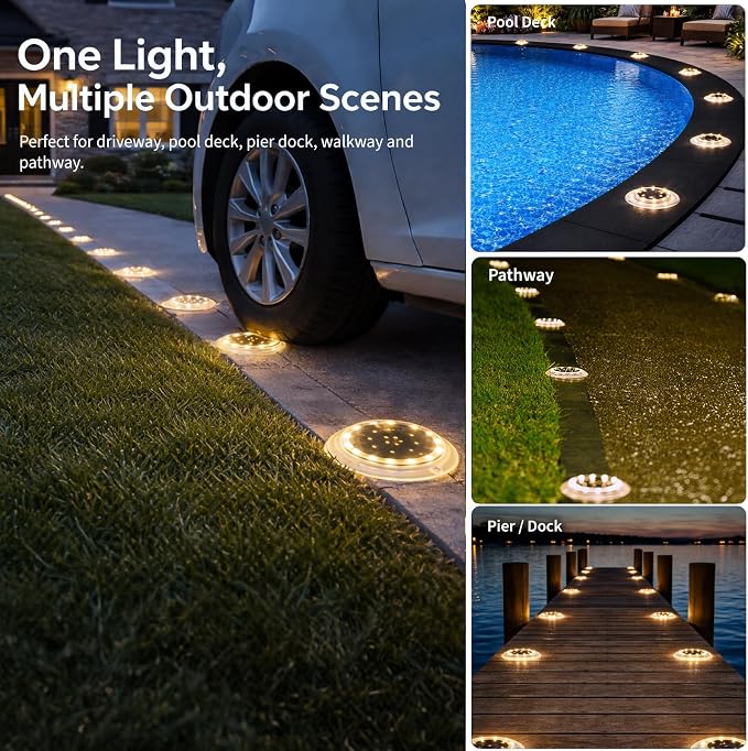 SHONELIGHTING Solar Dock Lights Outdoor Waterproof, Flat Low Profile Disc LED for Deck, Driveway, Ground & Pathway, Anti-Slip & Anti-Trip (Warm White, 6Pack)
