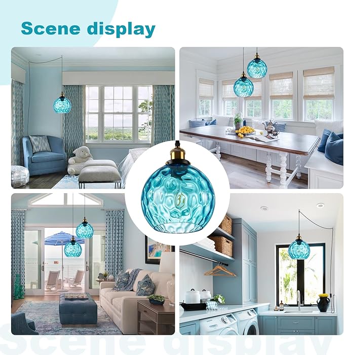 Blue Globe Glass Plug in Pendant Light Mid Century Modern Hanging Ceiling Light Fixture 14.75FT Black Plug in Chandelier Lighting for Bedroom Living Room Dining Room, Corner Light Fixtures