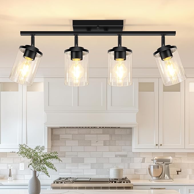 FadimiKoo 4-Lights Track Lighting Fixtures Ceiling with Clear Glass Shades, Modern Black Semi Flush Mount Ceiling Light, Rotatable Wall Mount Ceiling Lamp for Kitchen Hallway Bedroom