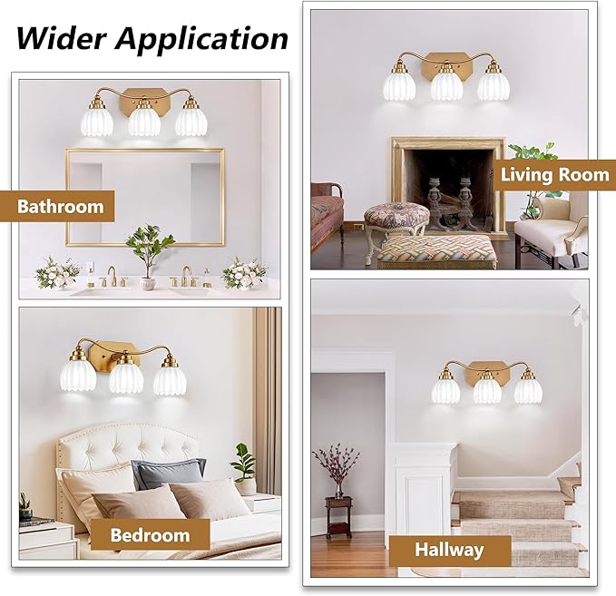 Vintage Bathroom Light Fixtures, Gold Bathroom Vanity Light, Matte Antique Brass Finish with Crystal Glass Shade, Wall Sconces Lighting for Bedroom, Living Room, Hallway (Milk White, 3-Light