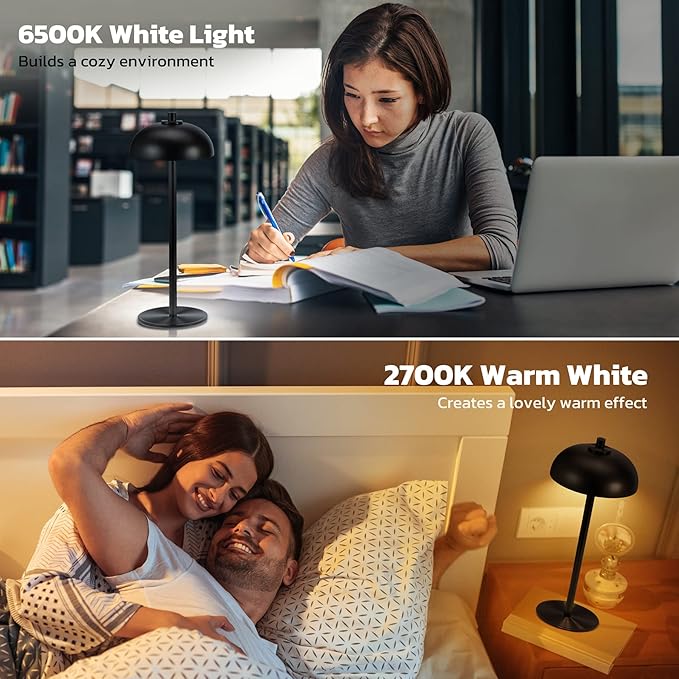 Cordless Table Lamp Rechargeable - 5000mAh Battery Powered Table Light, 3 Color Stepless Dimmable LED Table Lamp with Memory Function for Indoor, Outdoor, Dinner, Home, Restaurant.(Black)