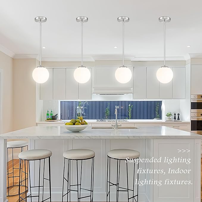 Bagood 6 Inch Globe Pendant Light Nickel Globe Pendant Lights Kitchen Island Mid Century Light Fixture with Milky White Glass Contemporary Adjustable Hanging Lights for Dining Room (Bulb Included)