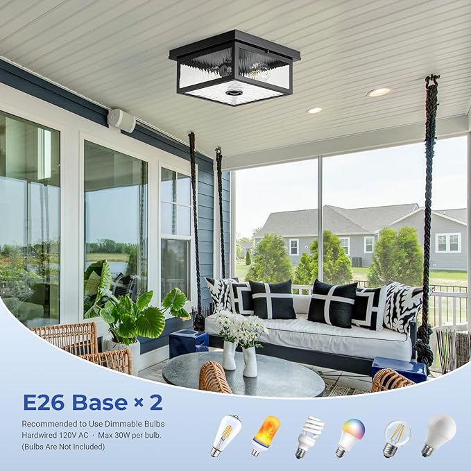 VIANIS Black Motion Sensor Outdoor Ceiling Light with Remote Control, Flush Mount Ceiling Lighting for Porch, Garage, Entryway, Adjustable Distance Time, 5 Modes, Water Ripple Glass, 2-Light(No Bulbs)