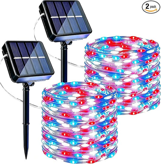 Joomer Red White Blue Solar Fairy Lights, 4th of July Memorial Day Decor, 2 Pack 39FT 120 LED String Light, 8 Lighting Modes with Memory, Waterproof Outdoor Patriotic Lights for Independence Day Decor