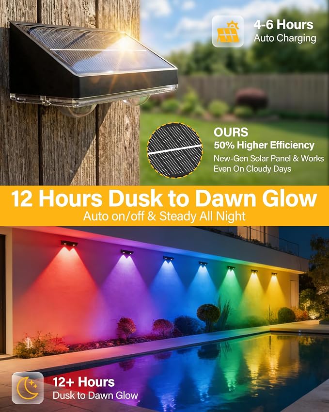 Solar Fence Lights Outdoor, 16 Pack Ultra-Bright 85LM Fence Lights Solar Powered, 9 RGB Color Modes, IP65 Waterproof, 12H Dusk to Dawn Glow for Pool/Deck/Patio/Wall/Backyard - Black