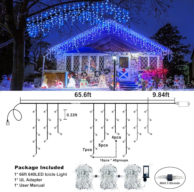 Icicle Christmas Lights Outdoor - 66FT 640 LED Icicle Lights for Outside with 8 Modes Timer, 120 Drops Waterproof Connectable Curtain Lights for Indoor House Patio Roof Holiday Decorations, Blue