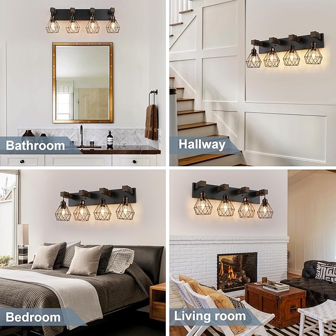 Black Gold Farmhouse Bathroom Light Fixtures, 4-Light Bathroom Lighting Fixtures Over Mirror, Rustic Wood Vanity Lights Wall Sconces with Metal Lampshade for Living Room